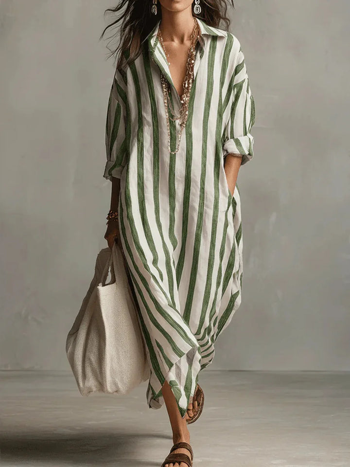 Comfortable women's relaxed striped maxi dress. V-neck long shirt dress style for effortless everyday fashion.