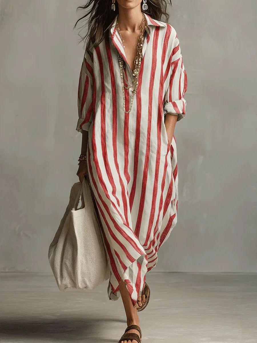 Versatile women's striped V-neck maxi shirt dress. Relaxed fit, great for summer, travel, or casual everyday.