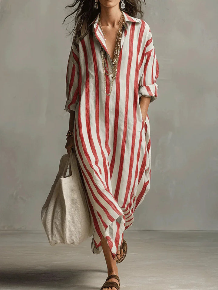 Versatile women's striped V-neck maxi shirt dress. Relaxed fit, great for summer, travel, or casual everyday.