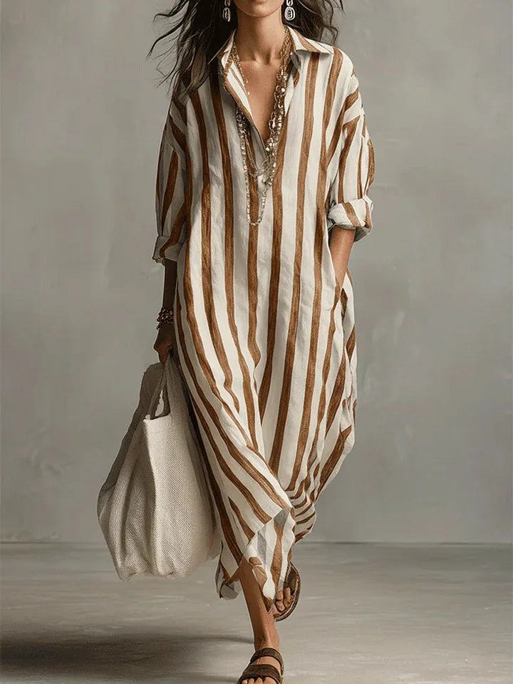 Stylish women's V-neck striped maxi shirt dress. Relaxed long dress, perfect for casual summer and travel.