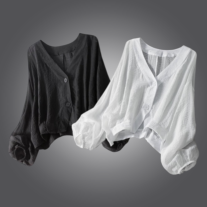 Black relaxed fit batwing sleeve blouse for women. Button-down, airy, and comfortable summer fashion.