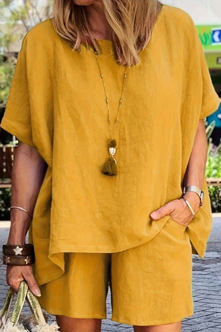 Women's relaxed leisure shorts set, a comfortable two-piece co-ord for stylish summer everyday wear.