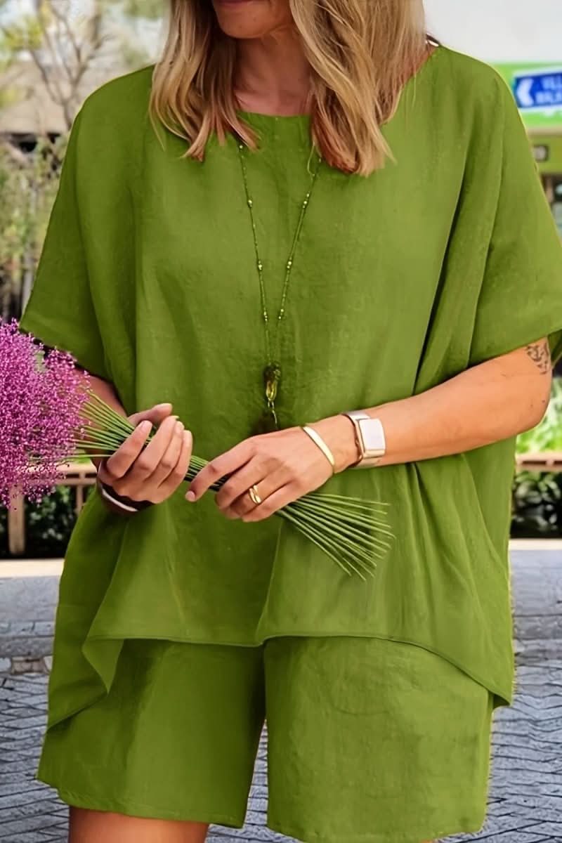 Women's relaxed summer co-ord set, ideal comfortable two-piece shorts outfit for stylish vacation leisurewear.