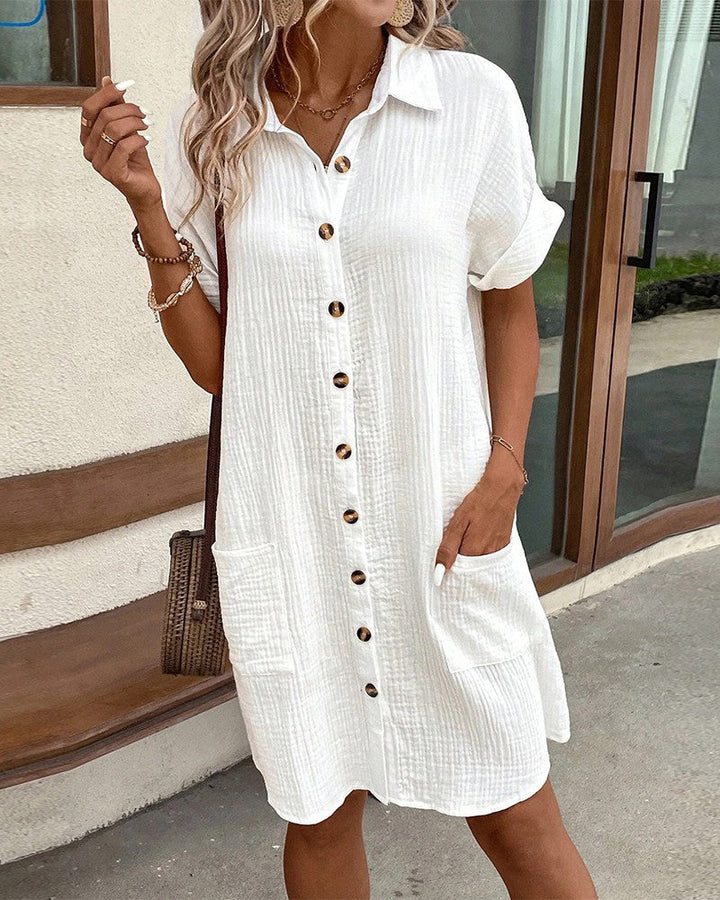 Olive green women's relaxed summer dress, a comfortable and stylish casual outfit for everyday or vacation.