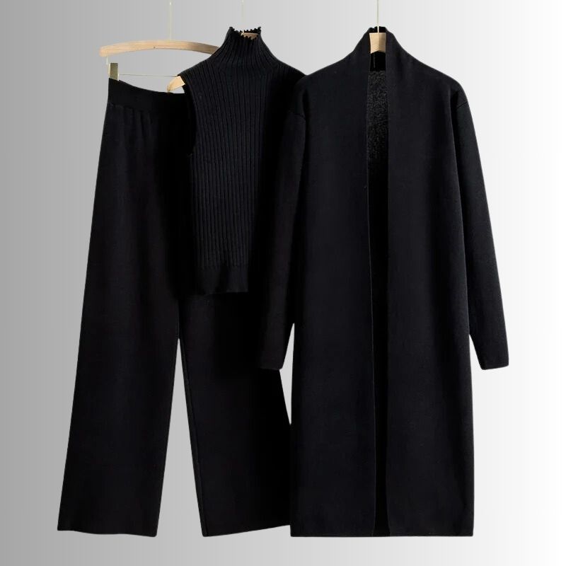 Stylish women's three piece set, featuring relaxed fit pants, top, & cardigan, versatile for loungewear or casual outings.