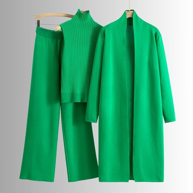 Comfortable women's three piece set. Relaxed fit top, pants, and cardigan made from soft, breathable fabric. Ideal for home.