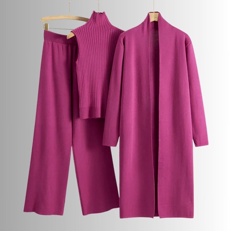 Women's relaxed fit three piece set: a long-sleeve top, wide-leg pants, and open cardigan. Breathable and comfortable.