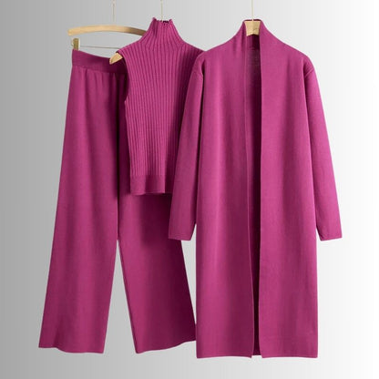 Women's relaxed fit three piece set: a long-sleeve top, wide-leg pants, and open cardigan. Breathable and comfortable.
