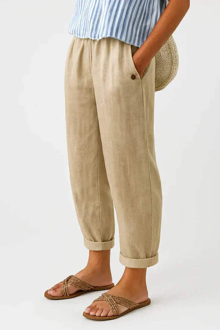 Women's relaxed fit trousers with comfortable elastic waist, perfect for casual everyday wear.
