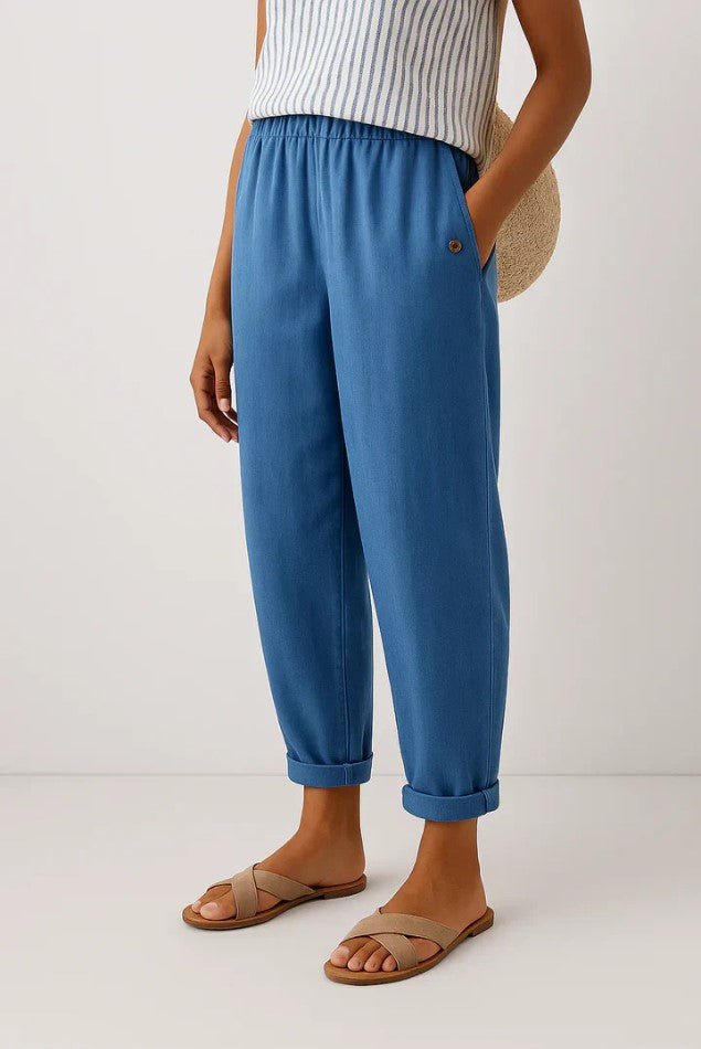 Comfortable ladies' relaxed fit trousers with an easy elastic waist, perfect for all-day casual wear.
