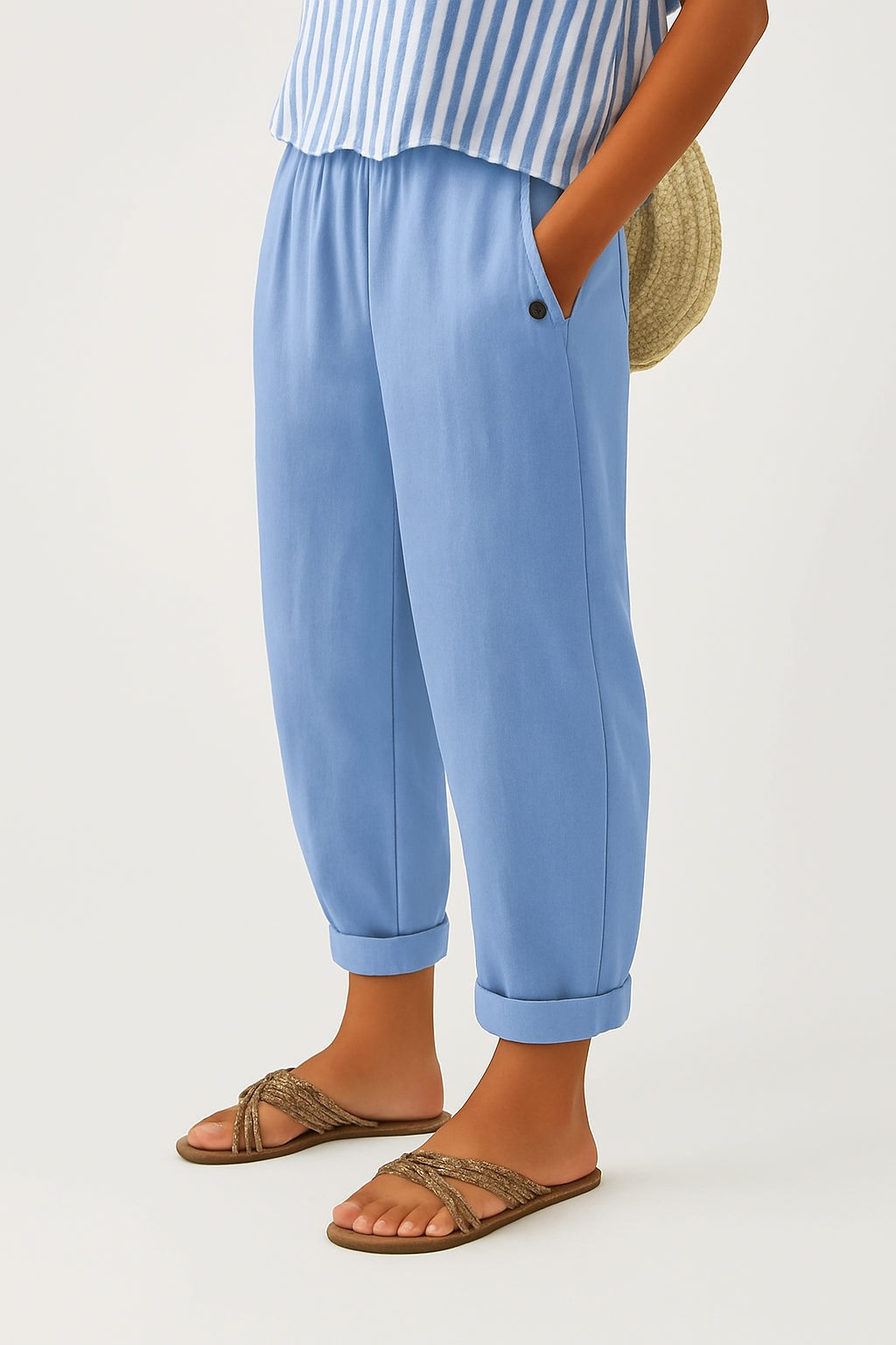 Ladies' relaxed fit straight-leg trousers with elastic waist, perfect for casual spring and summer everyday wear.