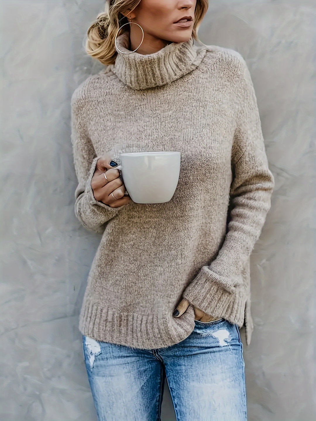 Women's relaxed fit turtleneck sweater with split hem for cozy fall fashion & everyday comfort.