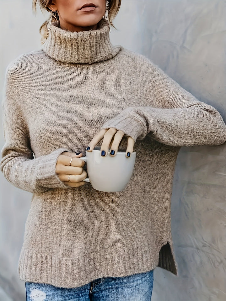 Super cozy women's relaxed turtleneck sweater, split hem design, perfect for comfy fall & winter style.