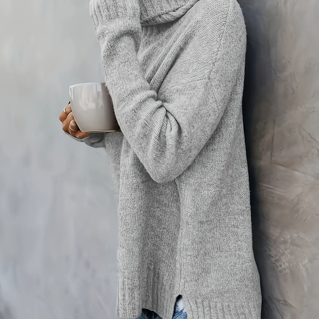 Versatile women's relaxed turtleneck sweater with split hem. Cozy long sleeve pullover for everyday comfort & style.