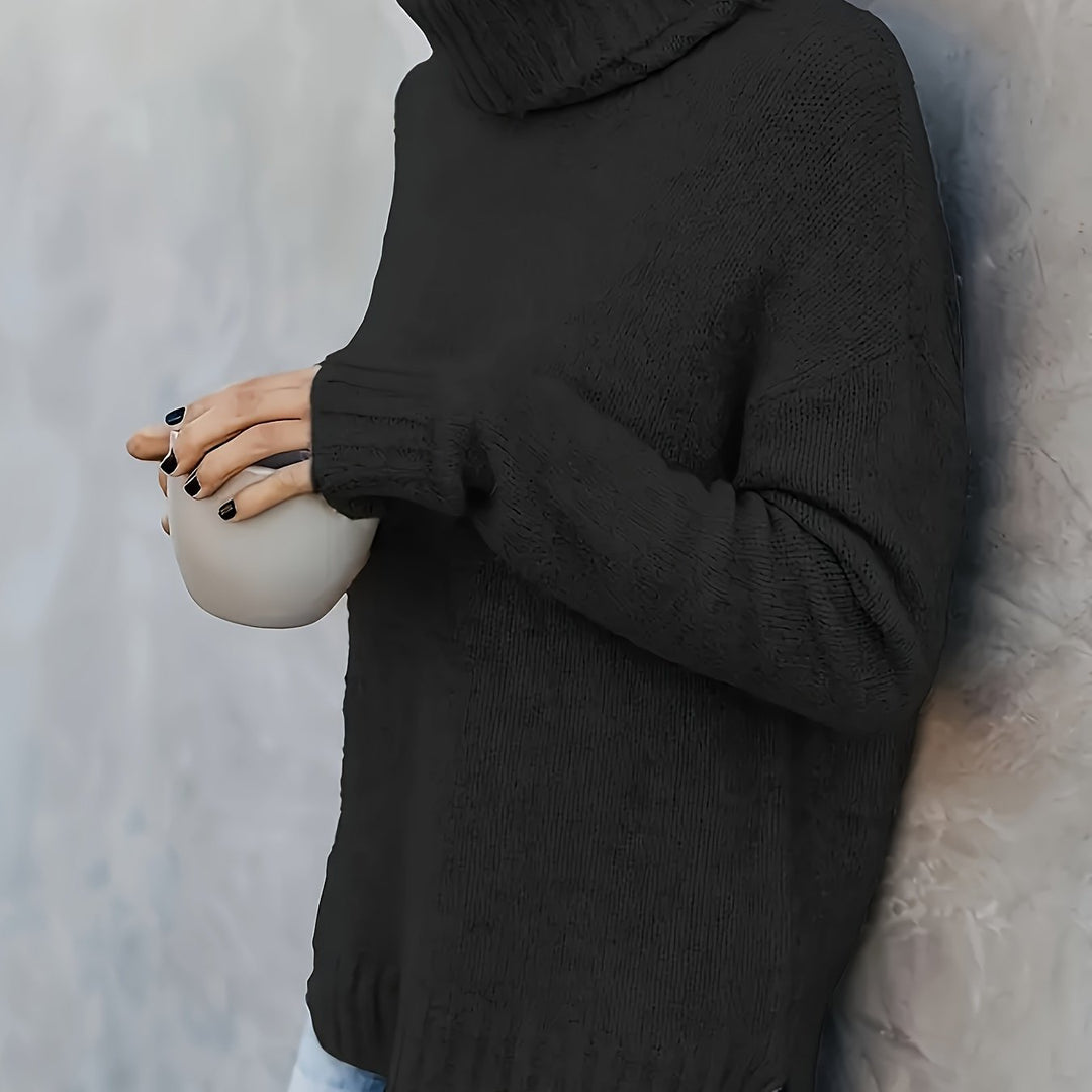 Womens apparel: relaxed fit turtleneck sweater, long sleeve, split hem. Cozy knit pullover for fall & winter.