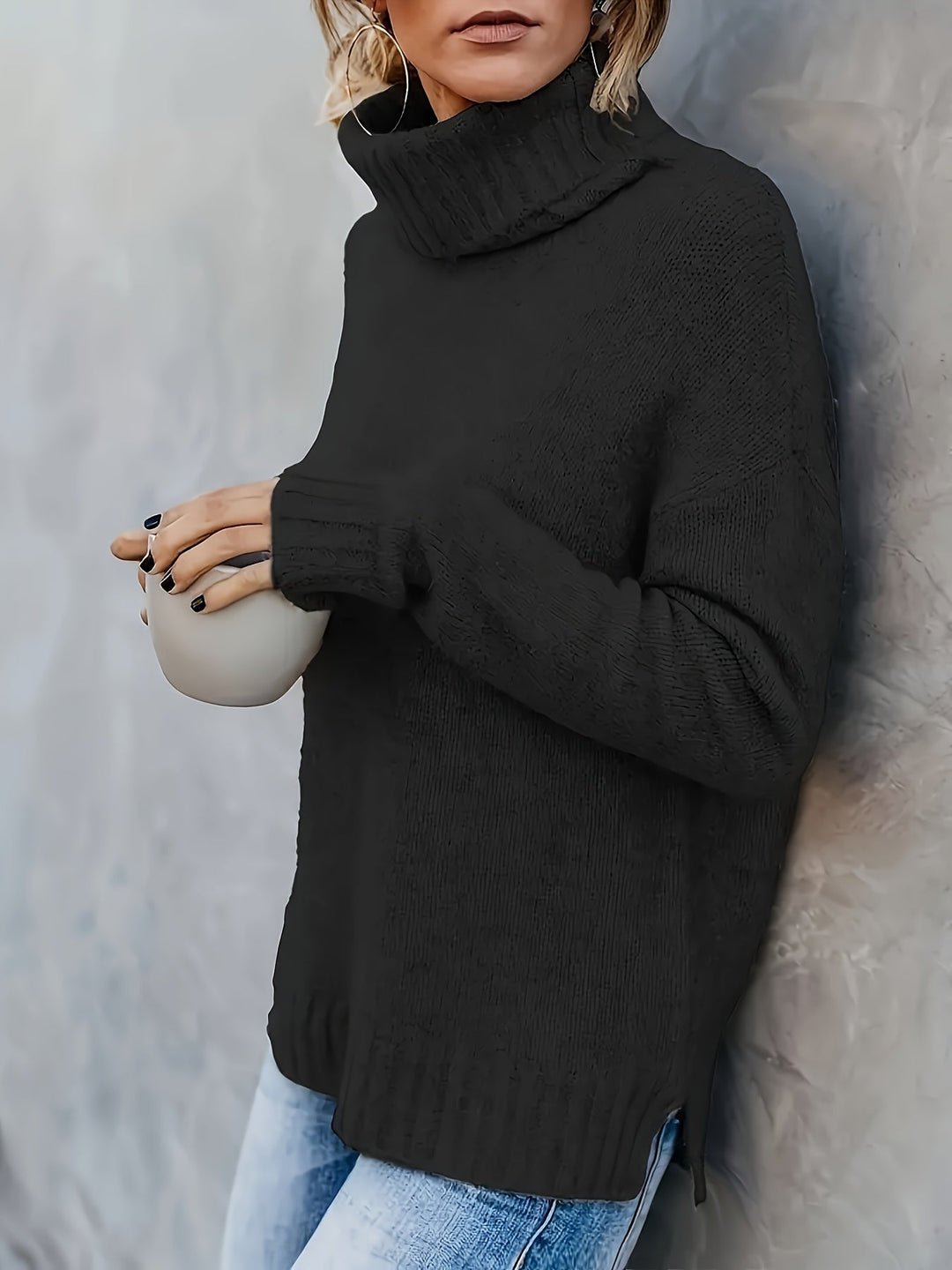 Stylish women's turtleneck sweater, relaxed fit, split hem, perfect for casual winter wear & comfort.
