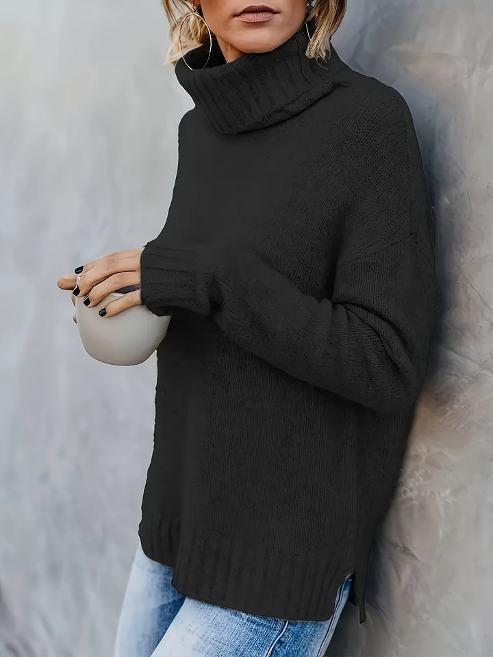 Stylish women's turtleneck sweater, relaxed fit, split hem, perfect for casual winter wear & comfort.