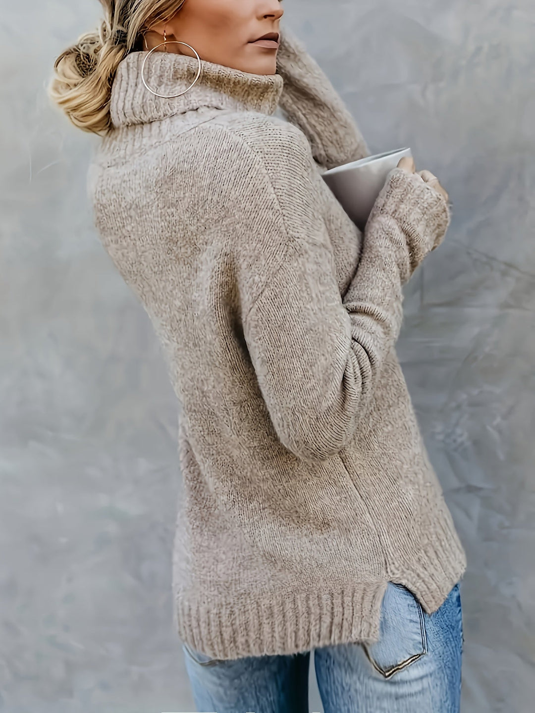 Fall fashion: women's cozy knit turtleneck sweater, relaxed fit, split hem, long sleeve for stylish comfort.