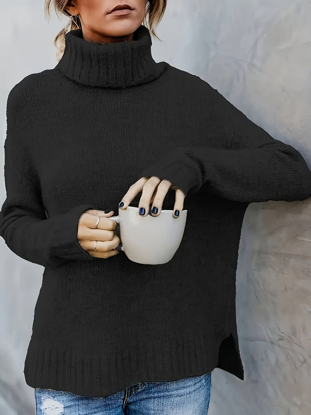 Winter style women's relaxed fit turtleneck sweater with split hem, warm & comfortable casual wear.