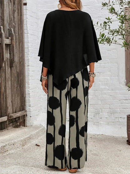 Casual women's two-piece outfit with abstract print, perfect for summer, offering relaxed comfort.