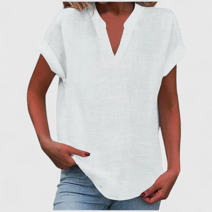 Summer V-neck top for women, relaxed and breathable, ideal for casual elegant style and easy wear.