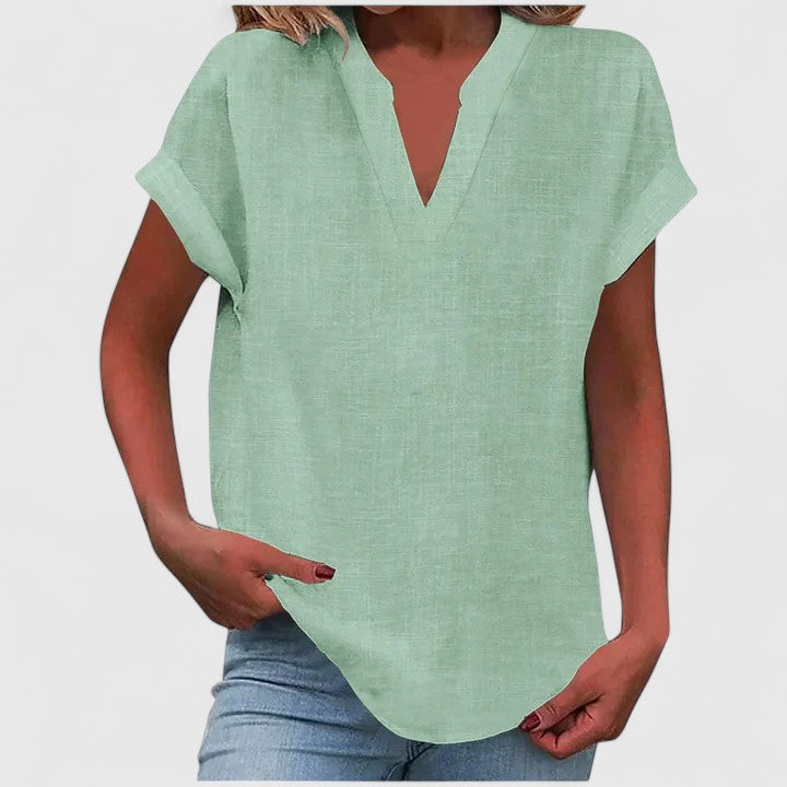 Everyday style women's V-neck top, comfortable and chic with a flattering curved hem design.