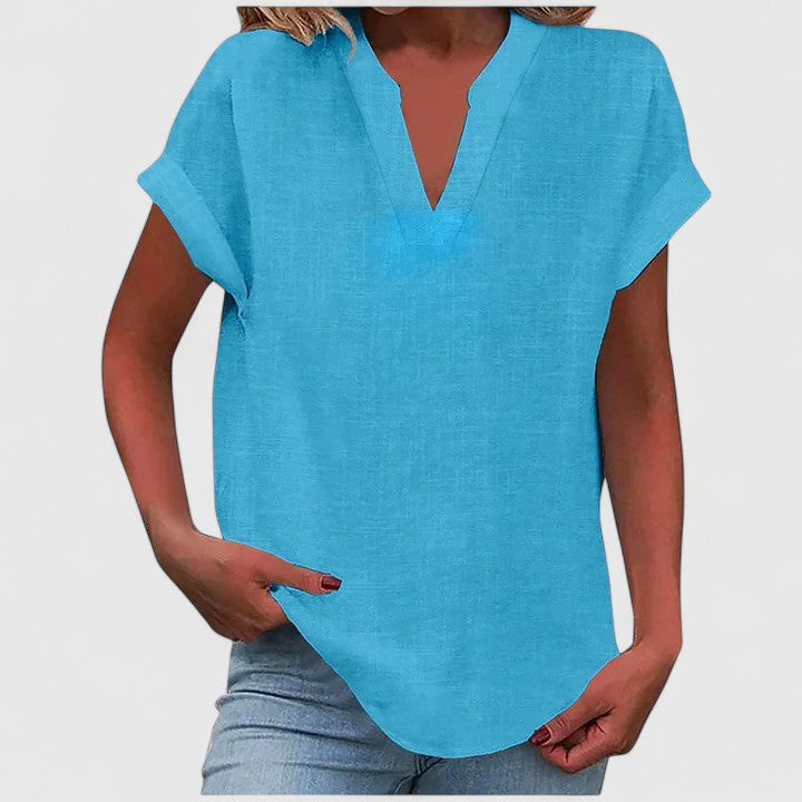 Women's casual V-neck top with cap sleeves, perfect for versatile everyday fashion and comfort.