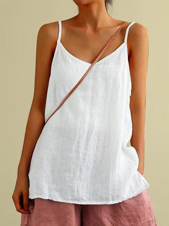 Women's relaxed fit V-neck cami top in breezy fabric, perfect for summer casual wear and vacation.
