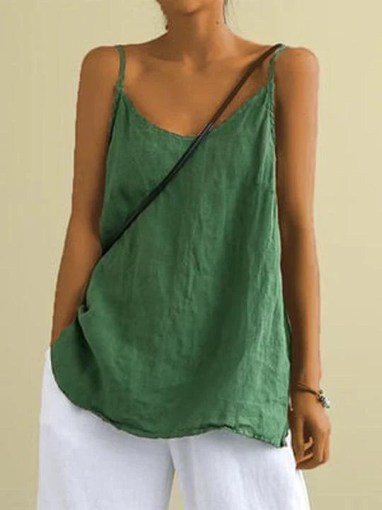 Chic sleeveless V-neck cami with adjustable straps, ideal for effortless summer fashion and comfort.