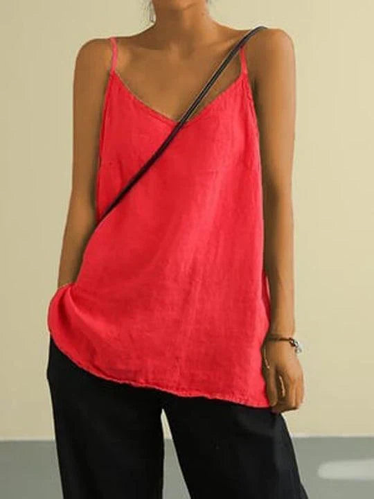 Casual women's V-neck cami top, relaxed fit, great for vacation outfits or everyday summer style.