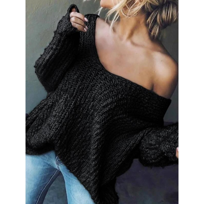 Versatile women's V-neck knit sweater. Features a relaxed fit and drop shoulder for comfortable casual wear.