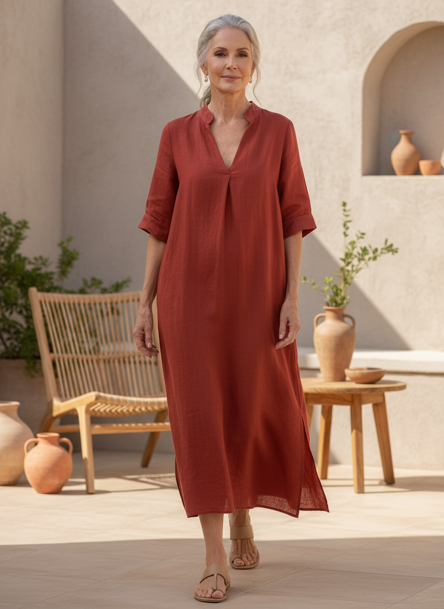 Women's relaxed fit V-neck maxi dress with 3/4 sleeves and side slit, perfect for summer casual wear.