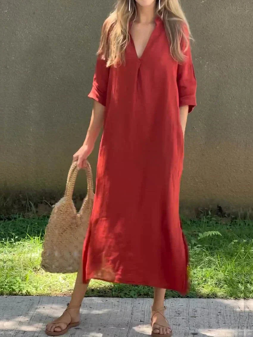 Comfortable women's relaxed maxi dress, V-neck, 3/4 sleeves, and side slit for easy, breezy style.