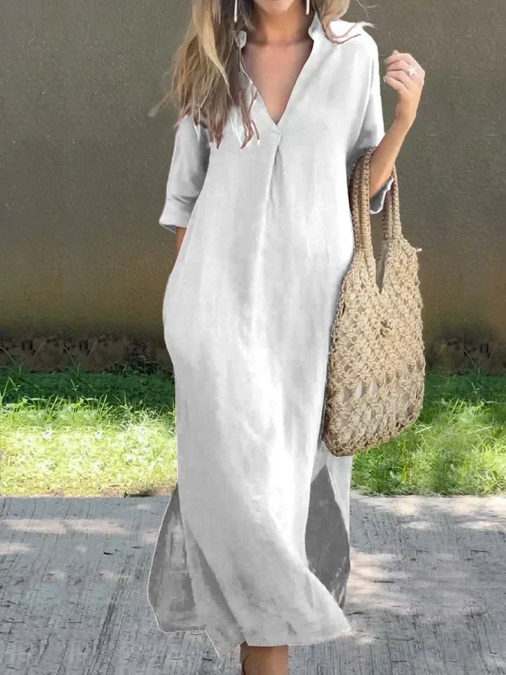 Versatile women's maxi dress: V-neck, relaxed fit, 3/4 sleeves. Perfect for resort wear or daily comfort.