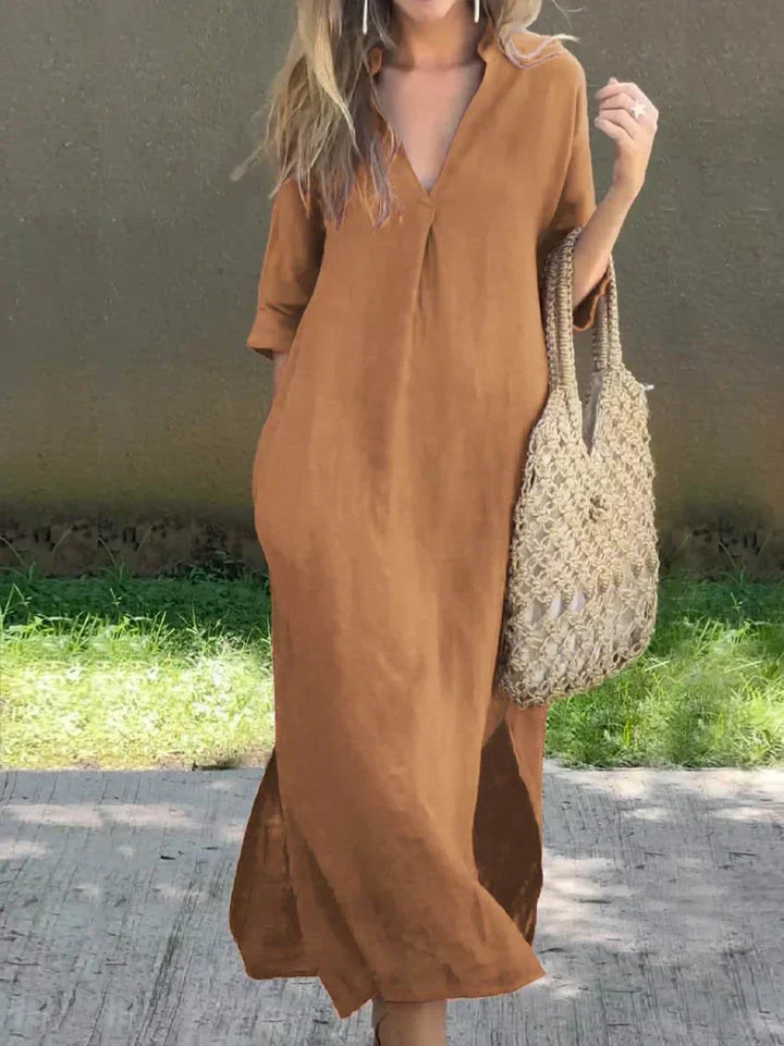 Summer style women's V-neck maxi dress, relaxed fit, 3/4 sleeves. Casual and comfortable vacation fashion.