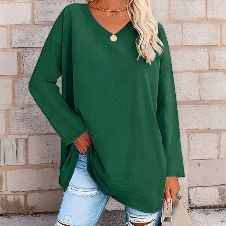 Classic women's relaxed V-neck shirt. Long sleeve comfort top, ideal for spring & autumn casual wear.