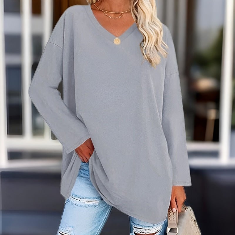 Chic women's V-neck long sleeve shirt. Relaxed fit for casual comfort, versatile for autumn & spring.