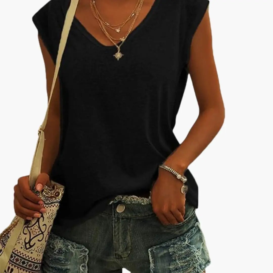 Soft fabric detail on a women's V-neck sleeveless top, highlighting its comfortable, everyday style.