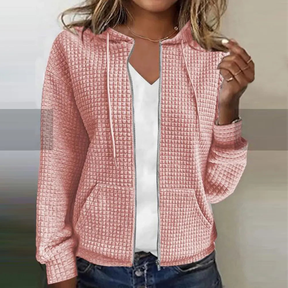 Women's relaxed fit zip-up comfort jacket, ideal for casual layering. Soft fabric & versatile everyday style.
