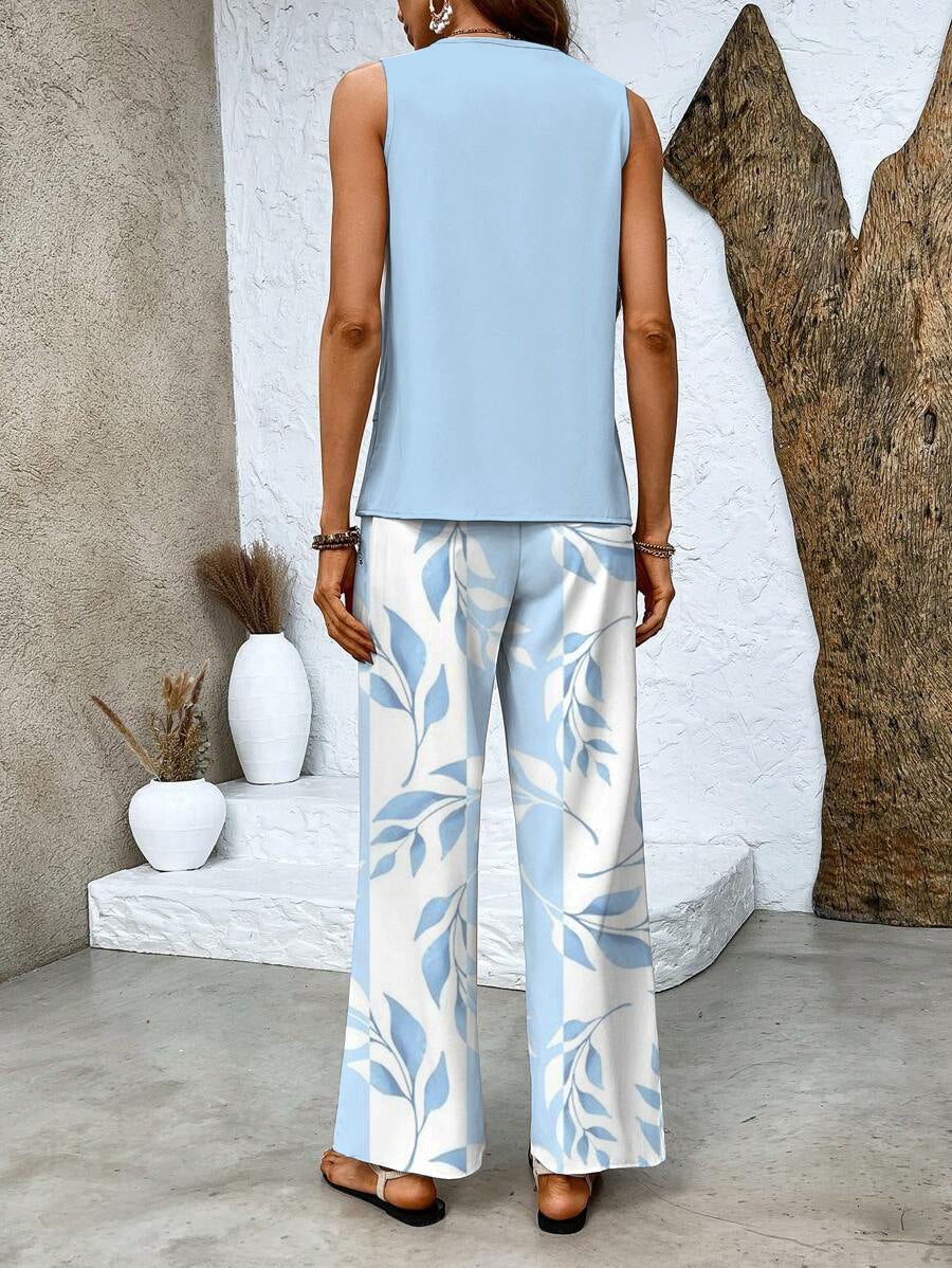 Full shot of women's relaxed flowy pants & sleeveless tank top matching set. Stylish, comfortable summer fashion.