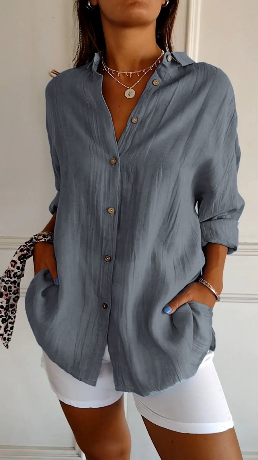 Women's oversized relaxed fit button-up long sleeve shirt, casual blouse, versatile everyday wear.