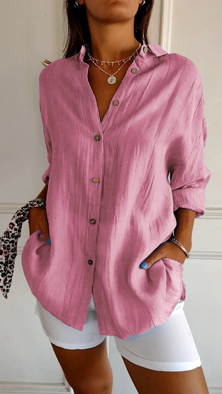 Classic women's long sleeve button-up blouse, relaxed oversized fit, versatile for summer & fall.