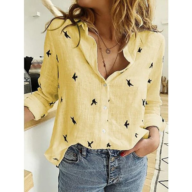 Stylish women's relaxed fit long sleeve blouse, button-down with a classic point collar.