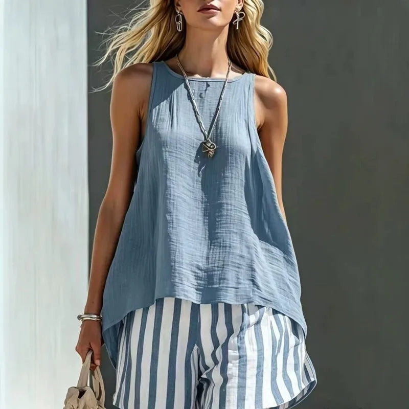 Women's relaxed striped tank top & shorts set. Perfect casual summer outfit for comfort and style.