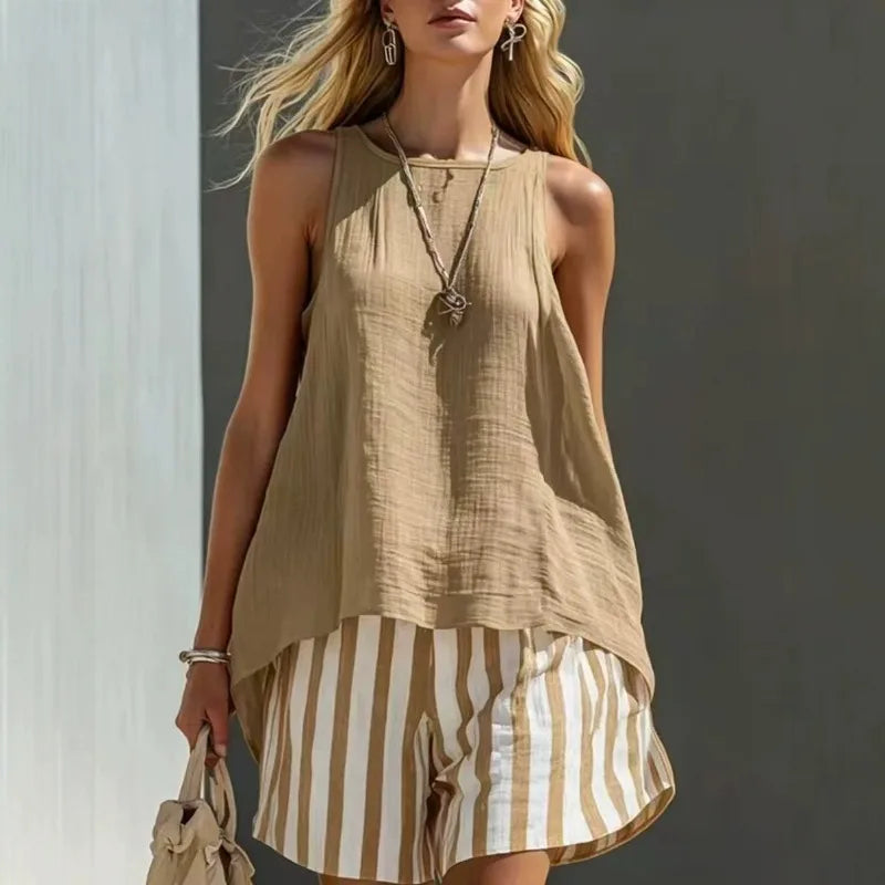 Comfortable women's striped tank and shorts set. Relaxed fit for lounging or a stylish summer day.