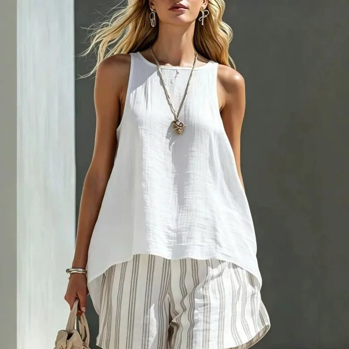 Relaxed fit striped tank top and shorts set. A versatile women's summer outfit, perfect for travel or home.