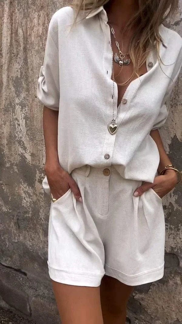 Women's relaxed summer shorts & top set. Breathable two-piece for casual comfort & lounge wear.