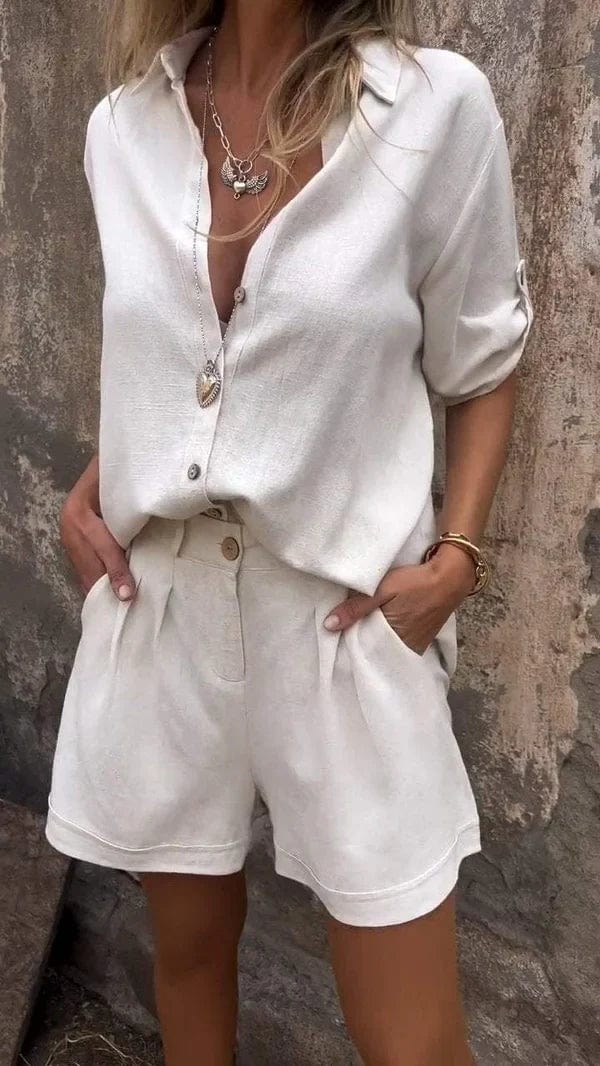 Elegant women's co-ord shorts & top set. Versatile summer outfit for travel or casual elegance.