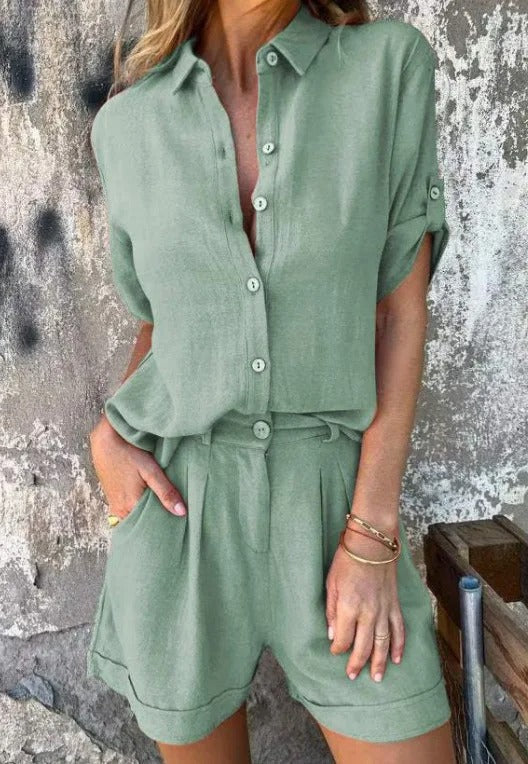 Lightweight women's relaxed fit shorts & top set. Breathable co-ord for summer lounge & travel.