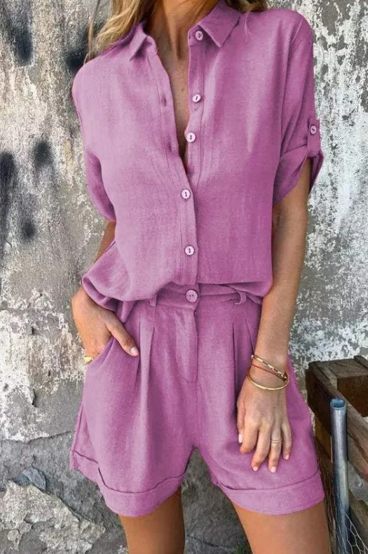 Complete women's two-piece summer outfit: relaxed shorts & comfortable top. Versatile co-ord set.